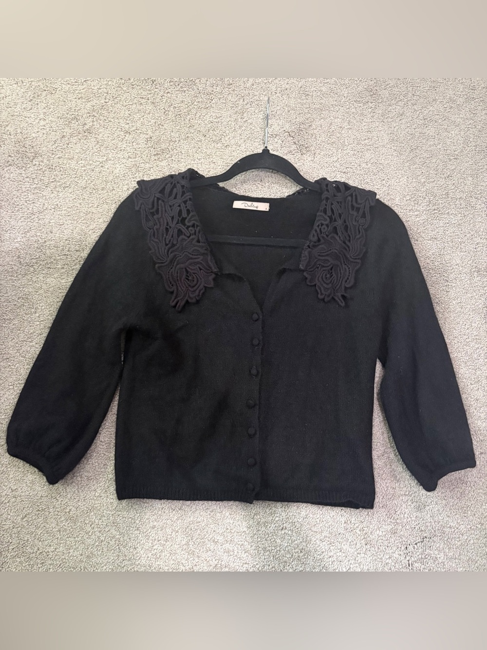 Darling Button-Front Angora Blend Cardigan, Floral Appliqué Collar, Women’s S
